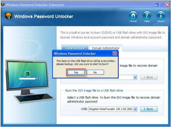 Windows Password Unlocker software interface showing options to create a bootable USB for password recovery.