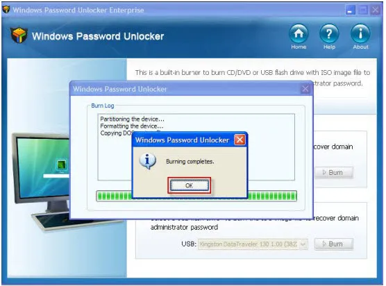Windows Password Unlocker software interface displaying progress bar and status message.