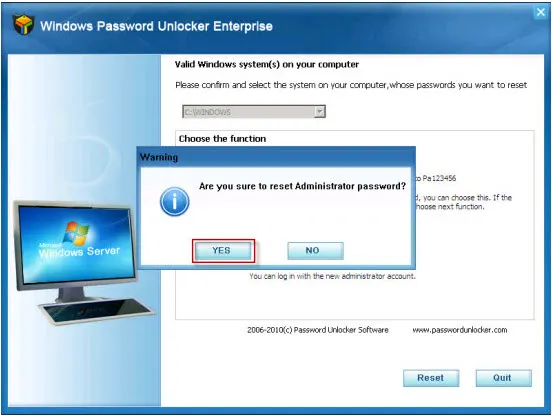 Windows Password Unlocker Enterprise software interface with confirmation prompt.