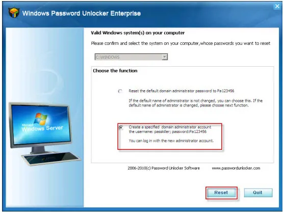 Windows Password Unlocker Enterprise software interface showing user confirmation and options for password recovery.