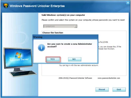 Software interface for Windows Password Unlocker, prompting user to create a new administrator account.