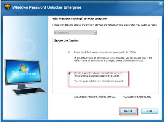 Windows Password Unlocker Enterprise software interface for resetting user passwords.