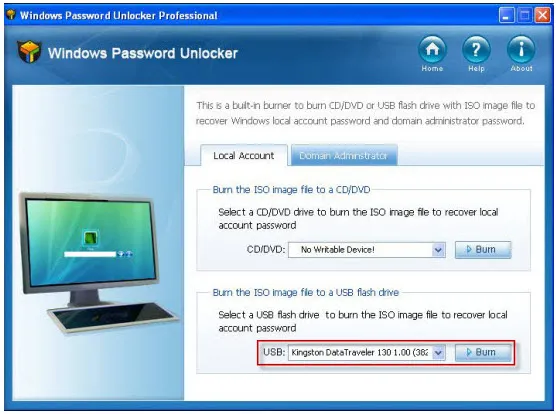 Windows Password Unlocker Professional interface displaying options for creating a rescue disk for local account recovery.