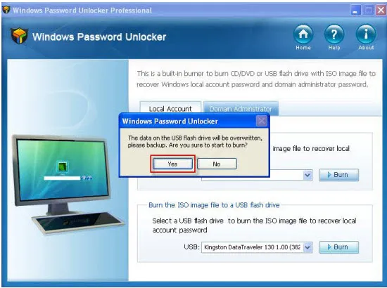 Windows Password Unlocker interface showing options to recover local account passwords.