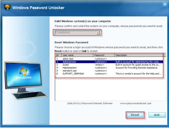 Windows Password Unlocker interface displaying login options and password recovery details.