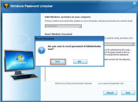 Windows Password Unlocker software interface with a prompt for administrator password recovery.