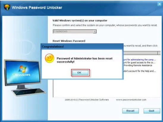 Windows Password Unlocker software displaying a successful password reset message.