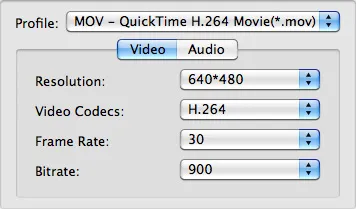 Video settings for a MOV file: Resolution 640x480, Codec H.264, Frame Rate 30, Bitrate 900.