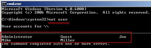 Command prompt displaying user accounts on a Windows system.