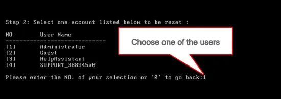 User account selection interface for password reset process.