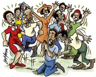 A lively group of people joyfully celebrating together in a colorful outdoor setting.