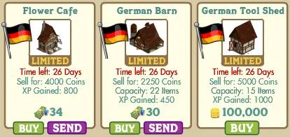 German-themed buildings with pricing and capacity details for a game.