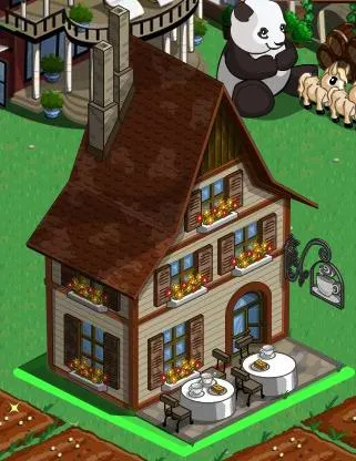 Charming rustic house with outdoor seating and a panda sculpture in the background.