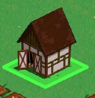 Cottage with a brown roof and wooden accents on a green background.