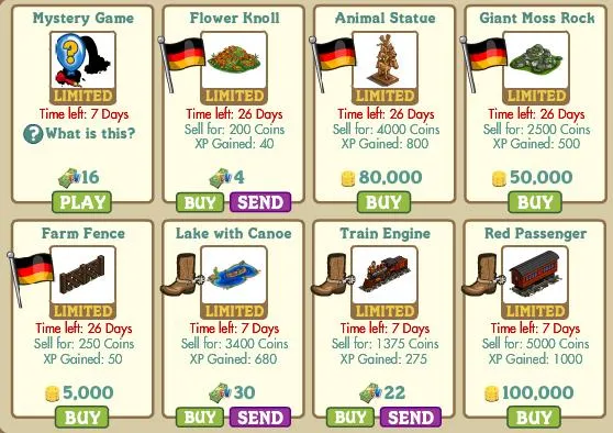 Game items for sale, including a mystery game, flower knot, animal statue, giant moss rock, farm fence, lake with canoe, train engine, and red passenger, with respective time limits, costs, and experience points.