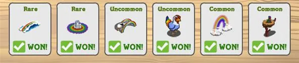 Game item collection icons with rarity classifications: Rare, Uncommon, Common.