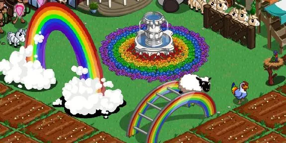 Colorful garden scene featuring rainbows, a fountain, and a sheep on a rainbow bridge.