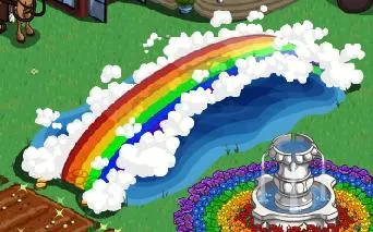 Colorful rainbow arching over a pond with clouds and a fountain in a vibrant landscape.