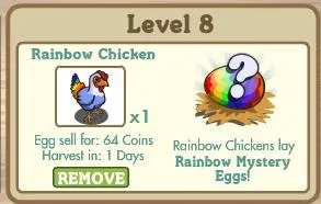 Rainbow Chicken in a game interface with details on egg selling price and harvest time.