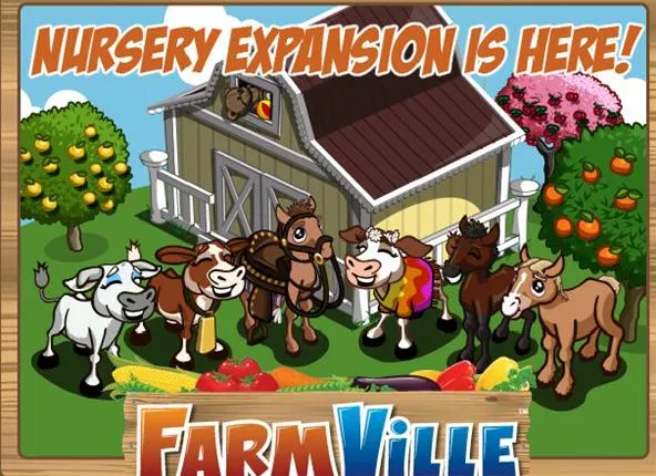 FarmVille nursery expansion promotional image featuring cartoon animals and a barn.