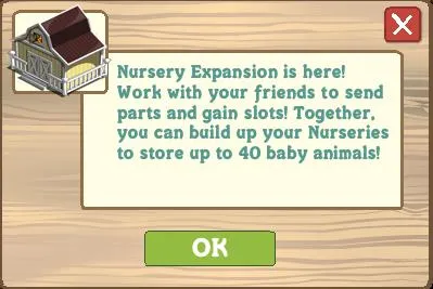 Nursery expansion announcement for storing baby animals in a game.