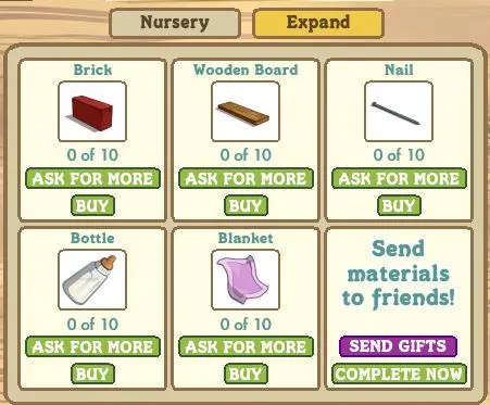 Nursery inventory items including brick, wooden board, nail, bottle, and blanket with options to ask for more or buy.