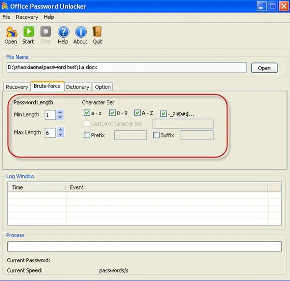 Password recovery software interface showing options for password length and character selection.