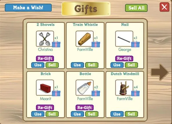 Gifts available for selection in a game interface.