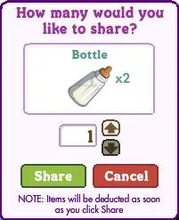 Bottle sharing interface with quantity selection.
