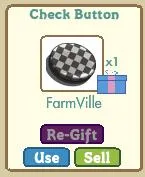 Check button item from FarmVille game, with options to use, sell, or re-gift.