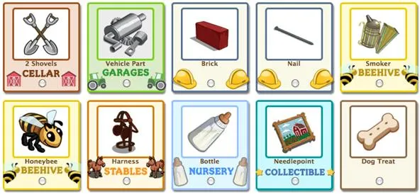 Selection of building materials and items for a construction or farming theme.