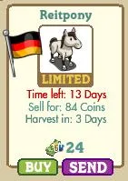 Cartoon image of a limited-time Reitpony horse with a German flag, showing sale details and coin value.