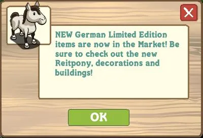 New German Limited Edition items available in the market, including Reitpony, decorations, and buildings.