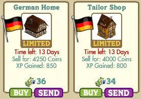 German Home and Tailor Shop game items with details on price, time limit, and experience points.