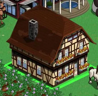 Charming two-story house with a brown roof and flower boxes.
