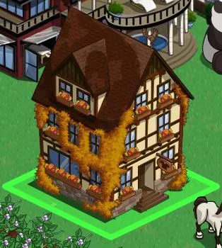 A charming, ivy-covered two-story house with flower boxes.