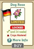 Dog Rose plant illustration with a German flag, indicating it's a limited and locked item requiring level 24 and crops mastered to purchase.