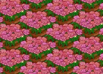 A vibrant pattern of pink roses surrounded by green leaves.