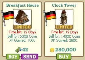 Limited time offers for Breakfast House and Clock Tower with pricing and experience points displayed.