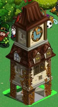 Clock tower with a brown roof and decorative elements.