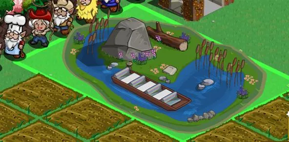 A serene pond with a small wooden boat and surrounding vegetation.