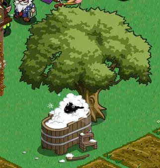Cartoon-style tree with a wooden barrel, surrounded by a green landscape.