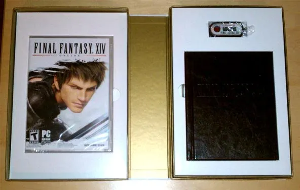 Final Fantasy XIV collector's edition box set with game cover and themed notebook.