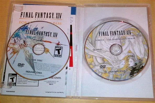 Final Fantasy XIV game discs in a case.