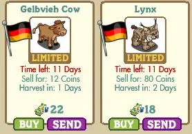 Gelbvieh Cow and Lynx characters from a game with pricing and harvest time details.
