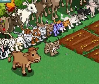 Cartoon farm animals lined up in a colorful, playful scene.