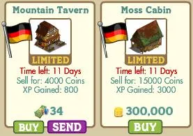 Image of a game interface showing two buildings for purchase: a Mountain Tavern and a Moss Cabin, with details on costs and experience points.