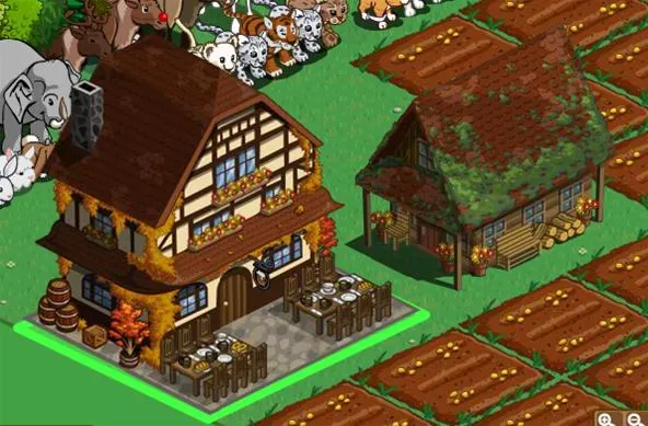 Farm buildings with a thatched roof and wooden structure in a cartoon-style landscape.