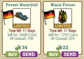 Forest Waterfall and Black Forest items available for purchase, featuring limited time offers in a game interface.
