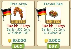 Tree arch and flower bed with pricing and limited time offer details.